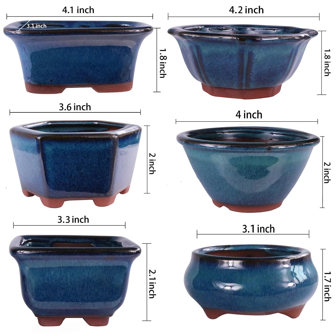 MUZHI 6PACK glazed bonsai pot blue raised feet and drainage hole support healthy root airflow
