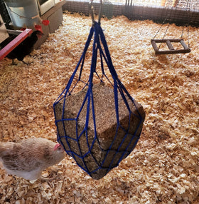 Muzzys seed block feeding area in coop reduces mess and waste.