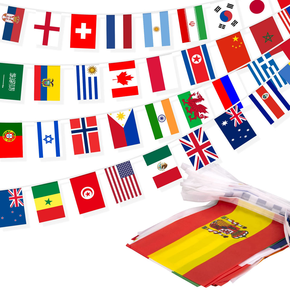 MVPRING 100-countries flags banner spread for vibrant classroom or event decor.
