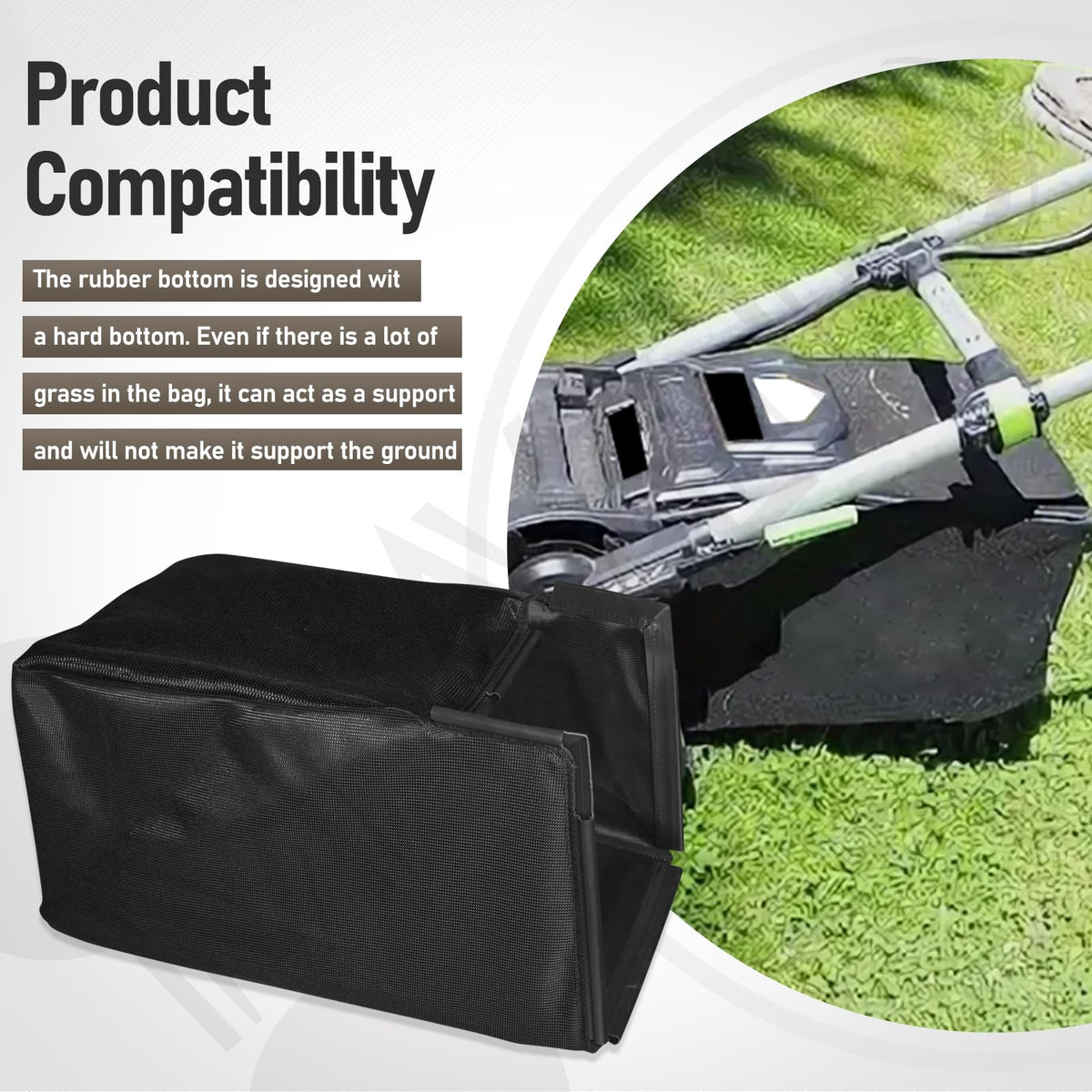 MWEDP Grass Bag Catcher rubber bottom detail prevents sag when full.