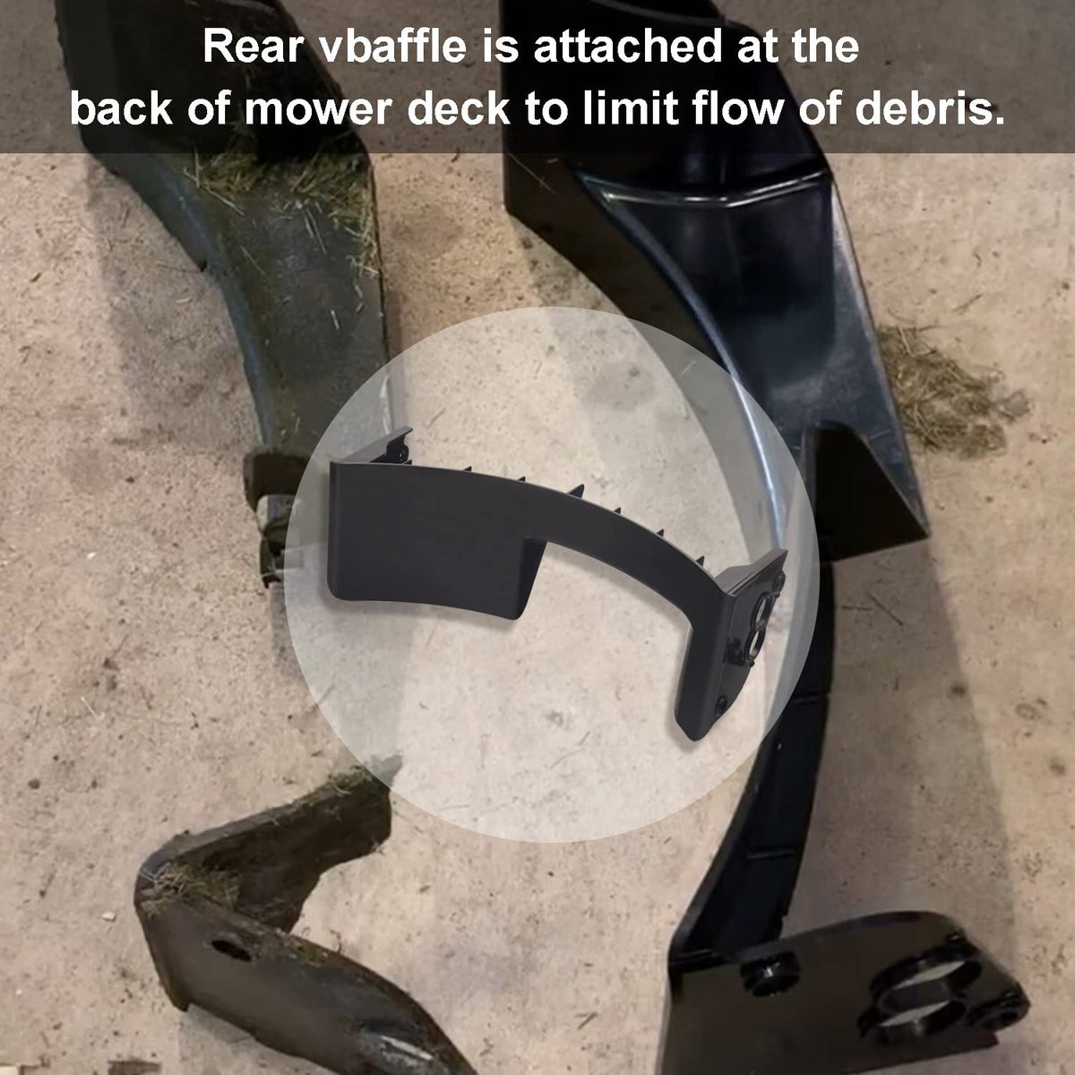 Rear baffle seen on mower deck from the back for debris management