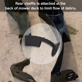 Rear baffle seen on mower deck from the back for debris management