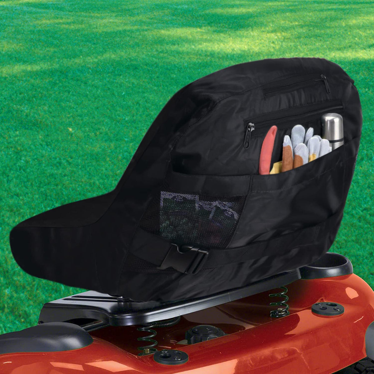 Two drink holders and a large pocket keep beverages handy.