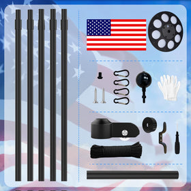 MXQMKL black 20ft flag pole assembly showing five-section design ready for setup