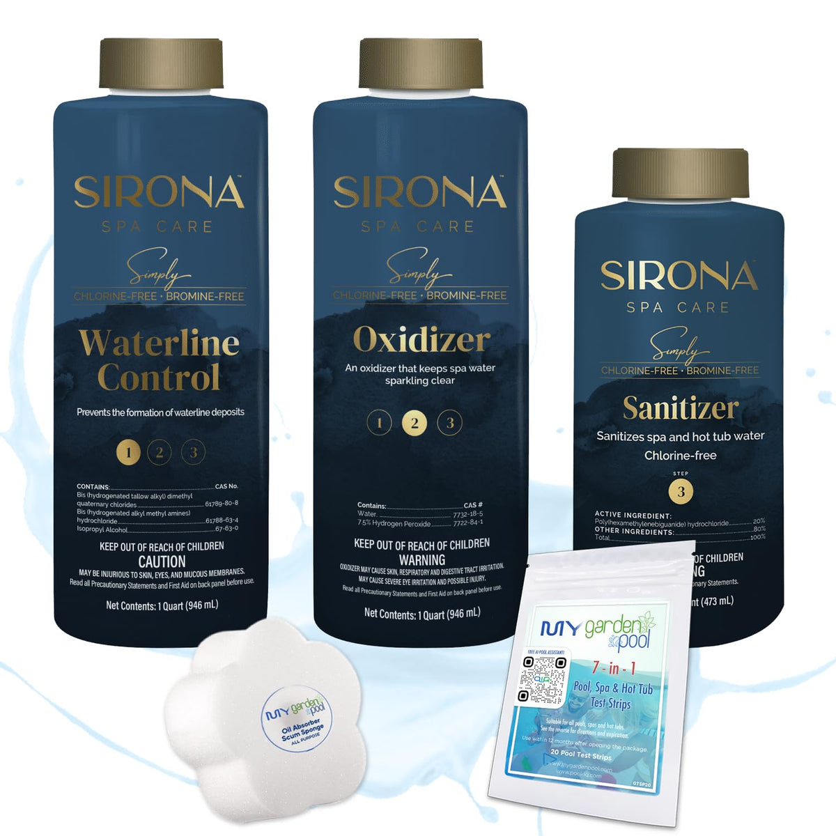 Sirona Simply Waterline Cleaner bottle pour helps prevent waterline buildup on spa shell
