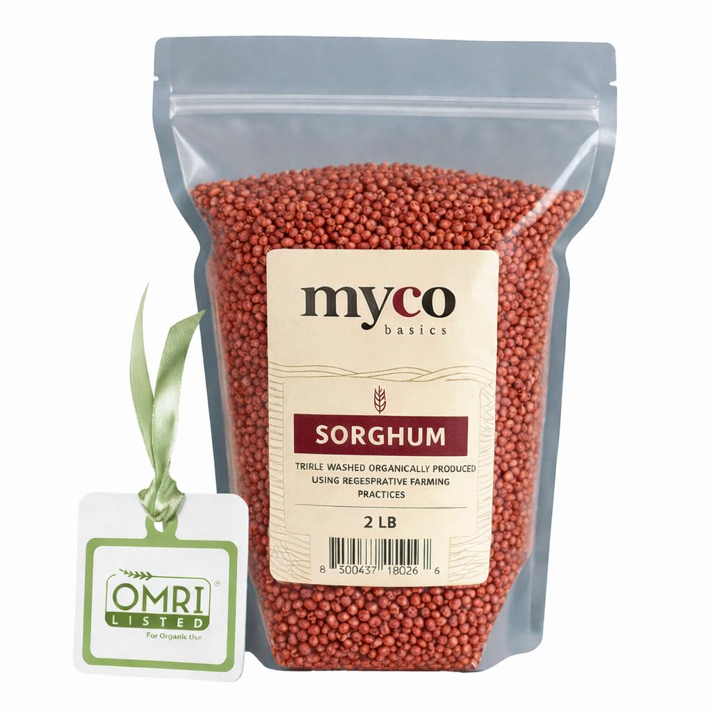 Mycology Basics Organic Sorghum bag on counter, pantry staple for everyday cooking.
