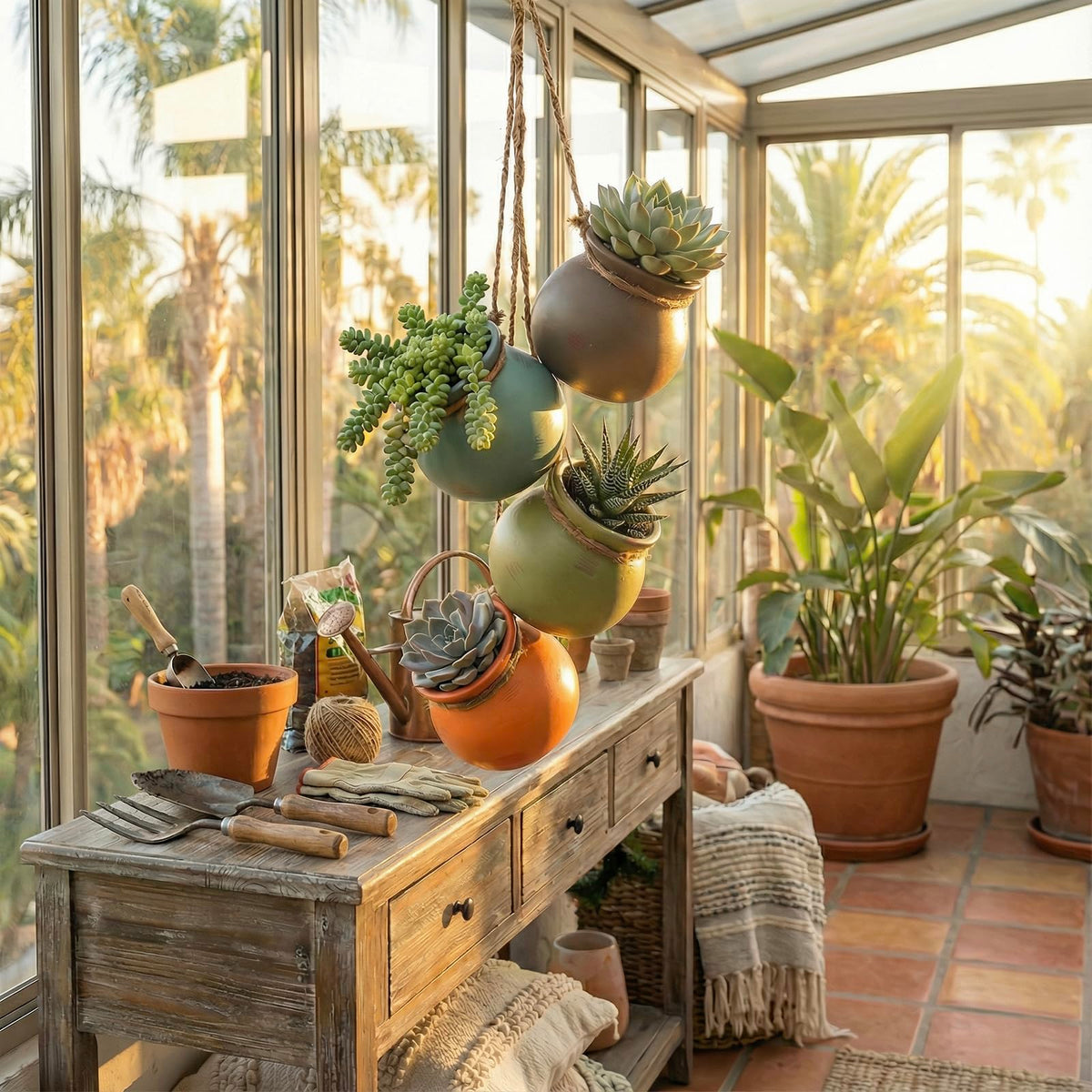 MyGift Dangling Southwest Desert orange pot close-up; warm tone enlivens compact shelves