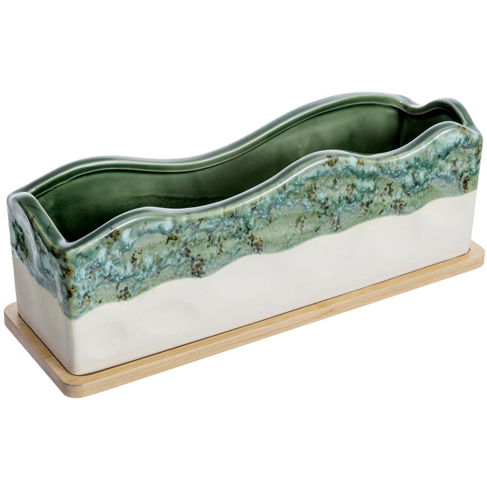 MyGift succulent planter with wave-top seafoam glaze for coastal charm.