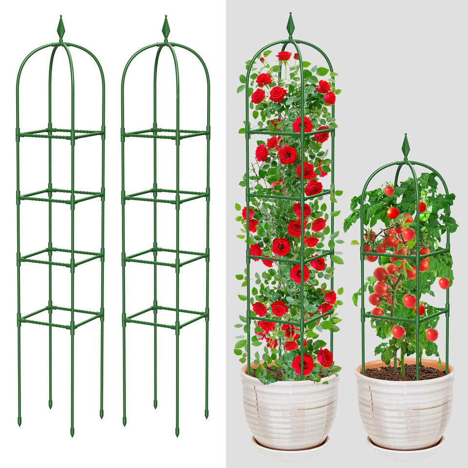 MYMULIKE 2-pack garden obelisk trellis provides vertical support for climbing plants.