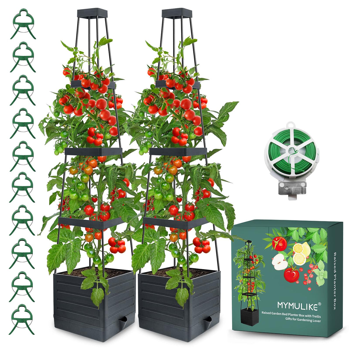 MYMULIKE 2pack raised garden bed with trellis supports climbing plants outdoors.