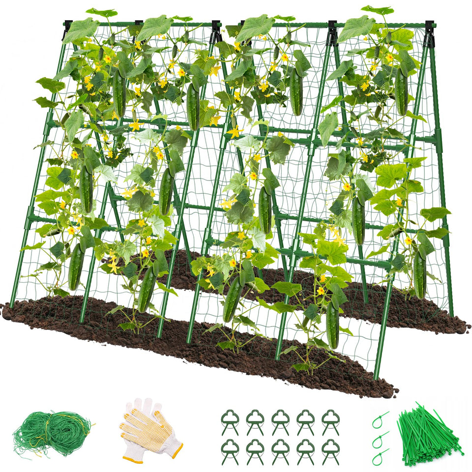 MYMULIKE cucumber trellis A-frame setup promotes vertical growth.