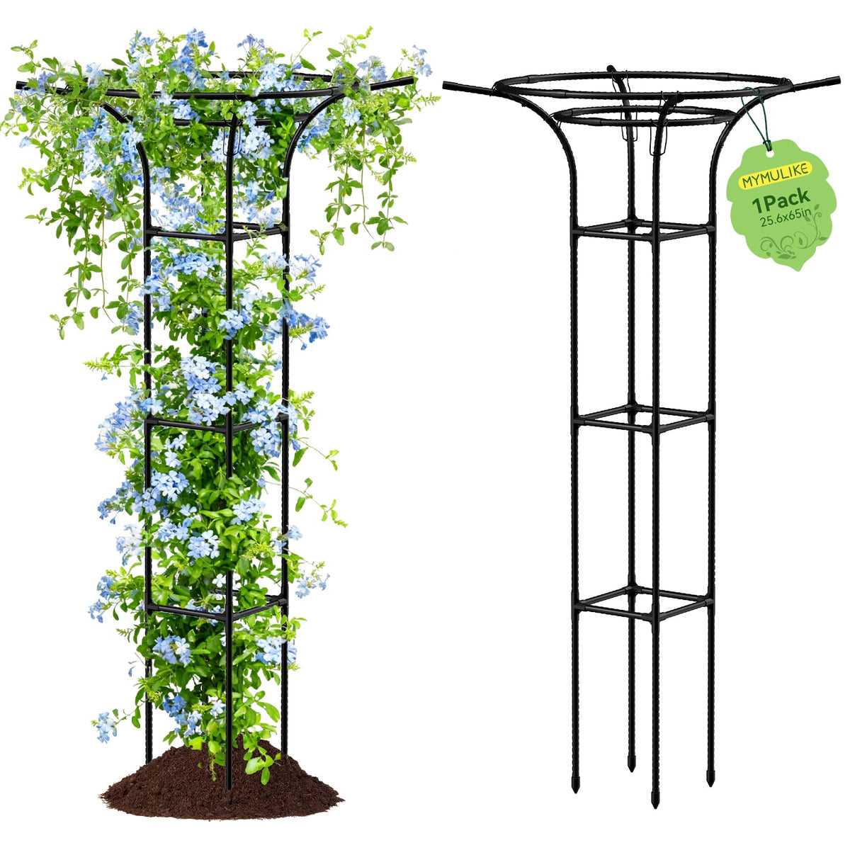 MYMULIKE garden trellis with 65-inch mushroom top supports climbing plants outdoors.