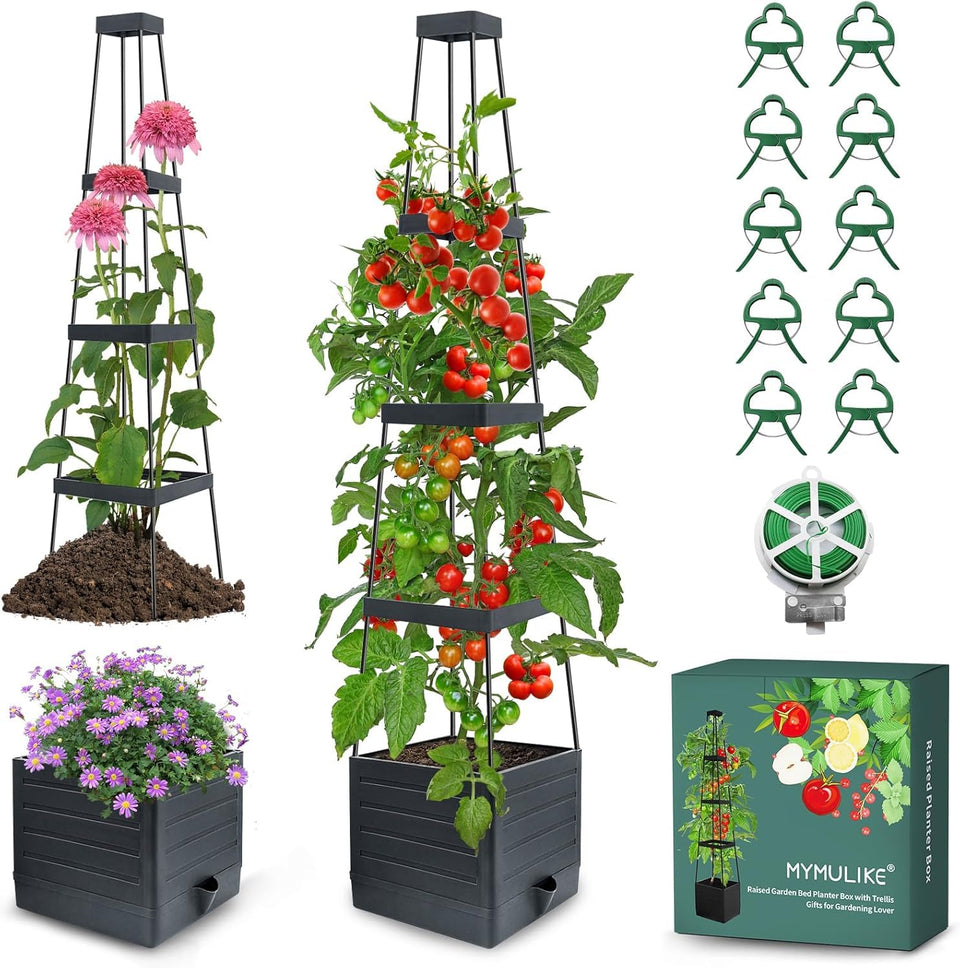 MYMULIKE raised garden bed with 58-inch trellis supports tall tomato vines
