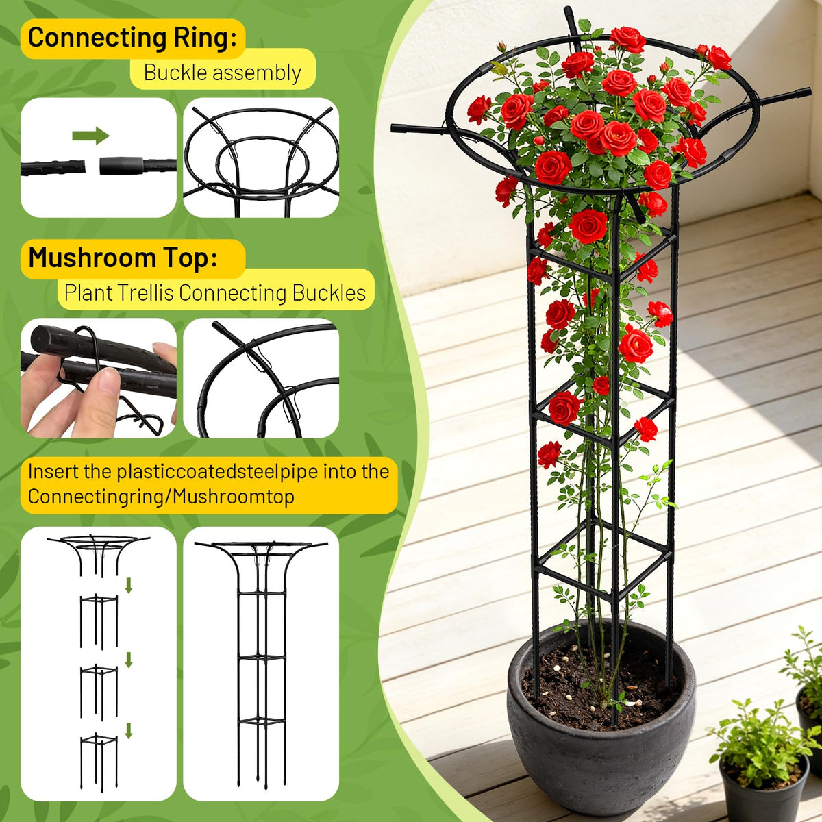 MYMULIKE 65-inch trellis anchors in pots for tomatoes and cucumbers.