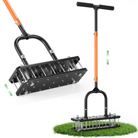 Myrvok Lawn Aerator front view shows sturdy spikes for soil aeration.