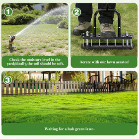 Myrvok in-use photo shows aerating a lawn efficiently.