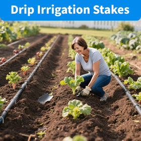 MySit stake securing drip lines and garden fabrics.