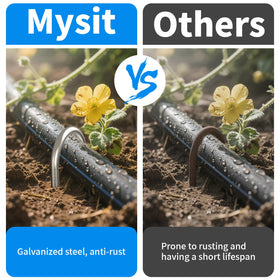 MySit u-shaped ground stakes organize irrigation amid weed barrier.
