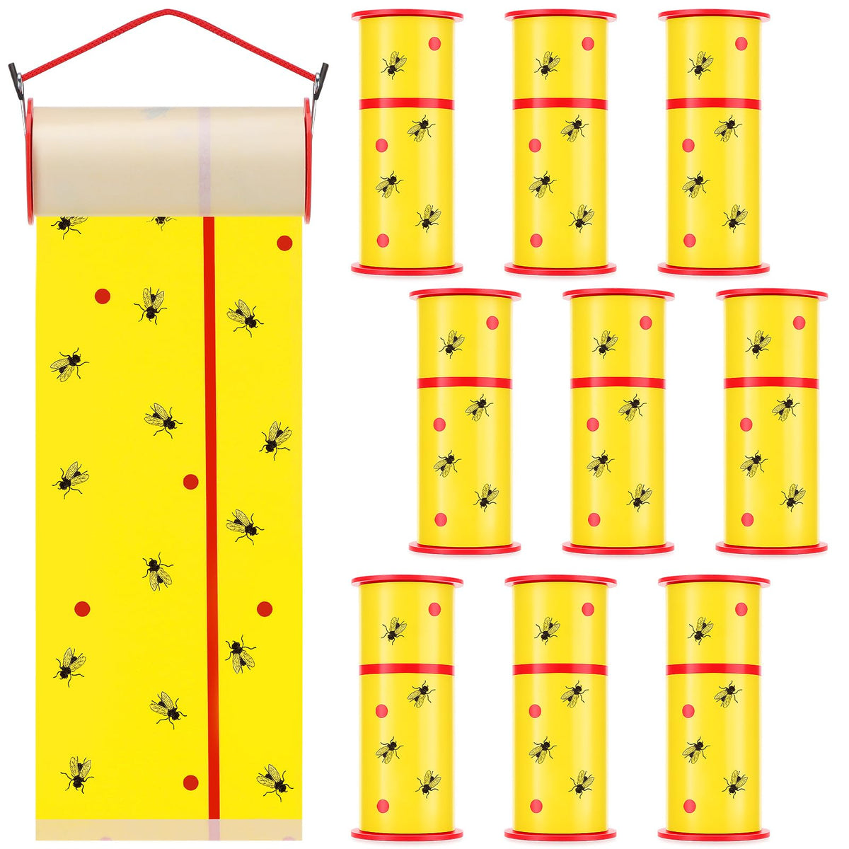 Mysora front packaging showing ten fluorescent yellow flypaper rolls, easy replacement