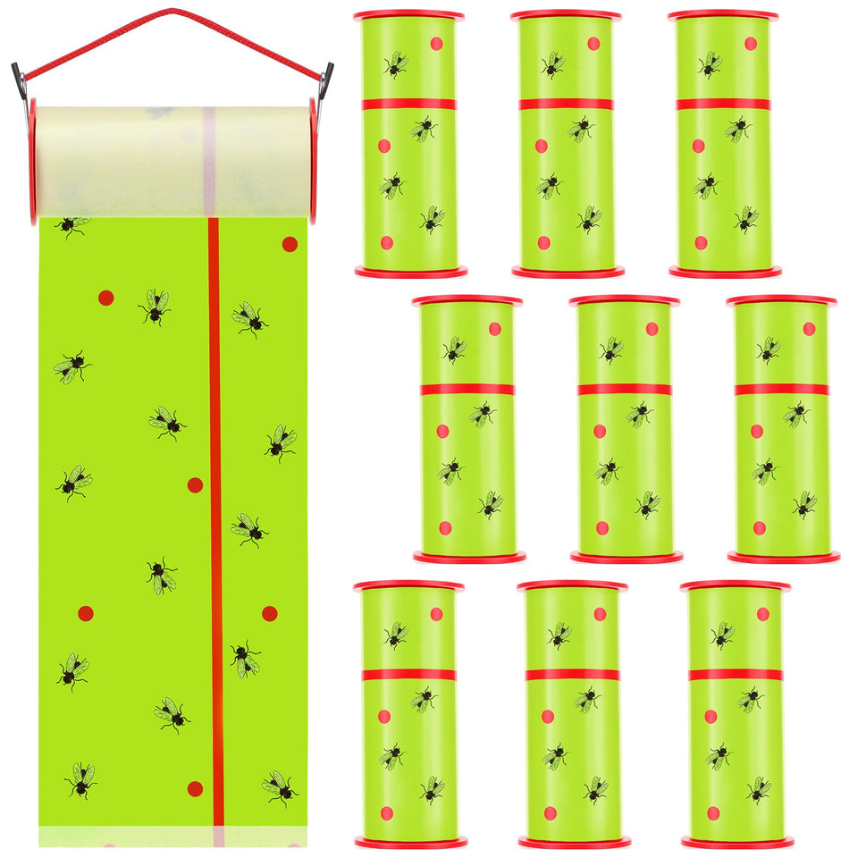 Mysora front packaging showing ten fluorescent green flypaper rolls and clear benefits