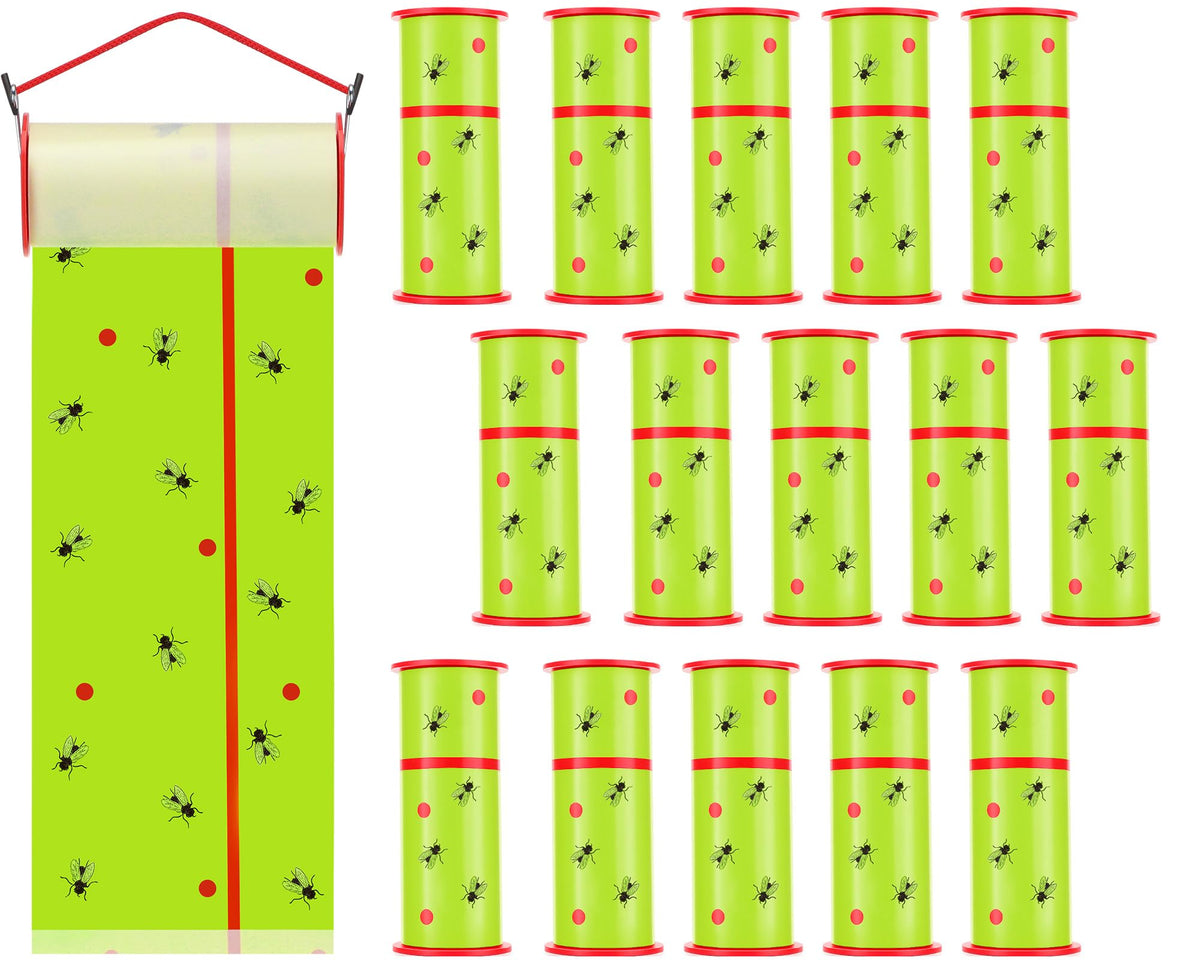 Mysora front packaging showing 15 fluorescent green fly paper rolls and easy storage benefit