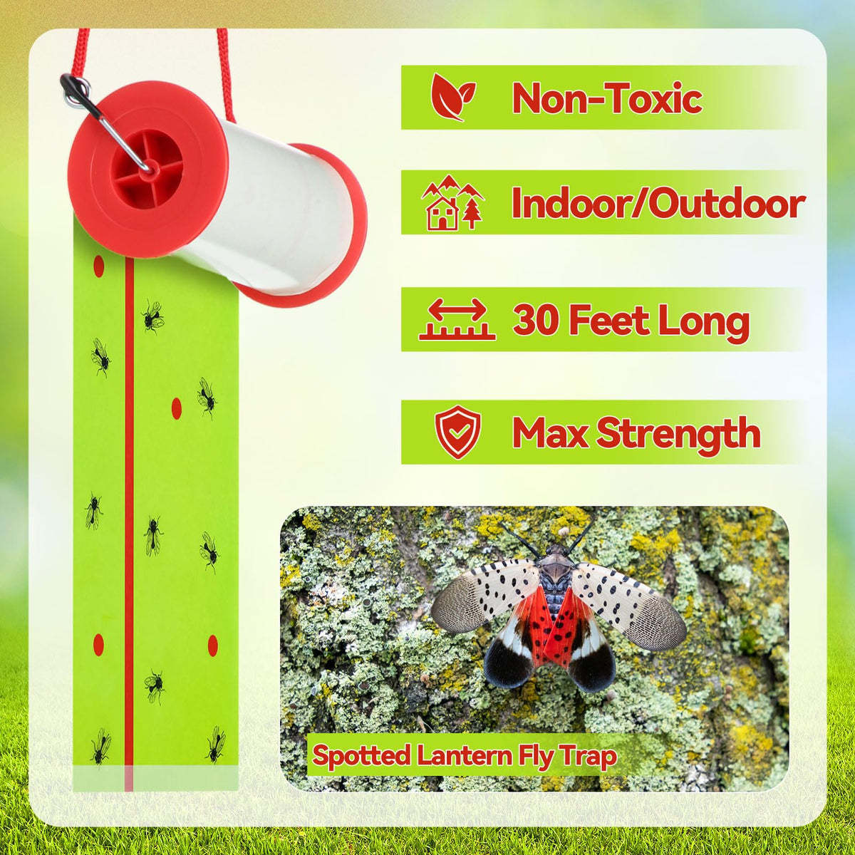 Mysora flypaper hanging on patio demonstrating easy installation and pest reduction