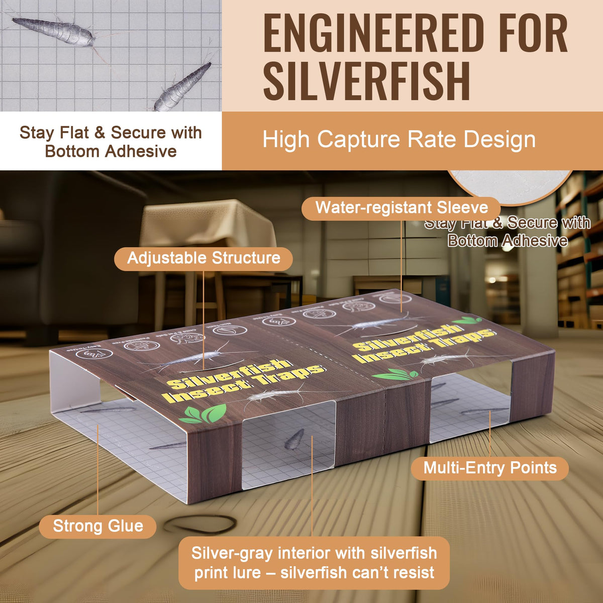 Mysora glue-board pattern guides silverfish toward the sticky surface.