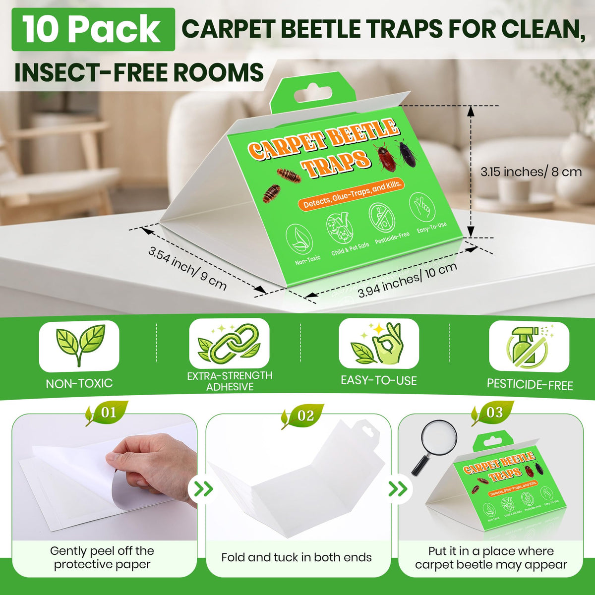 Mysora triangular folded trap provides stable placement under furniture for discreet monitoring.