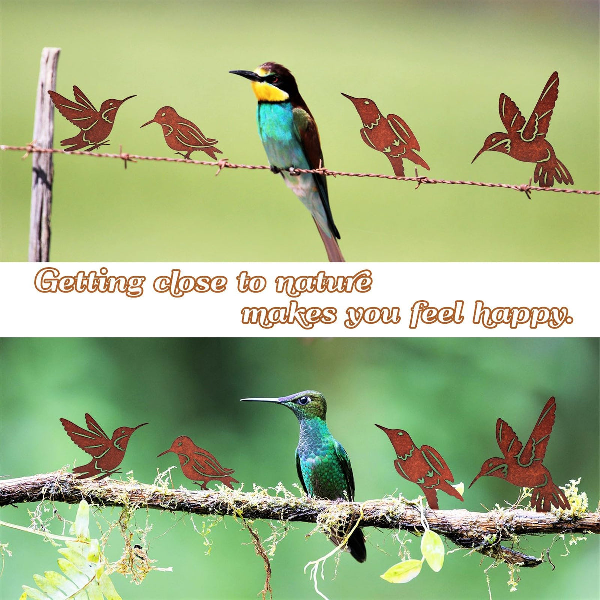 Myssac rusty birds perched on branch as rustic garden accents