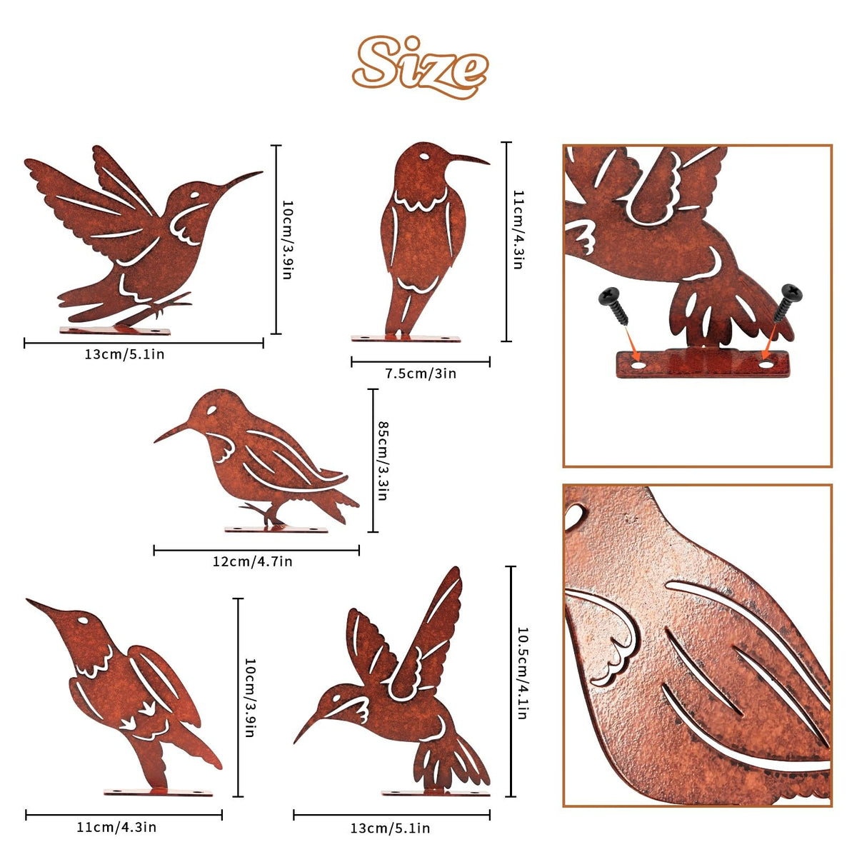Myssac rusty birds set mounted on fence for easy outdoor display