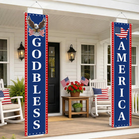 Mythcloud Fourth of July banner for the front porch, bold red, white and blue.