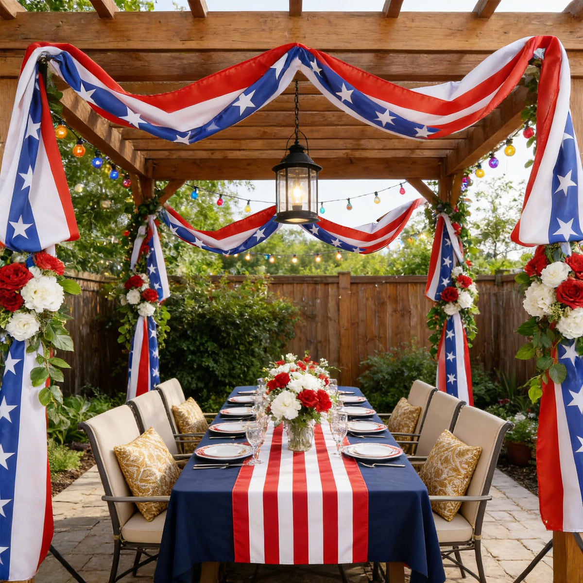 Mythcloud 4th of July bunting is lightweight and durable for indoor or outdoor use.