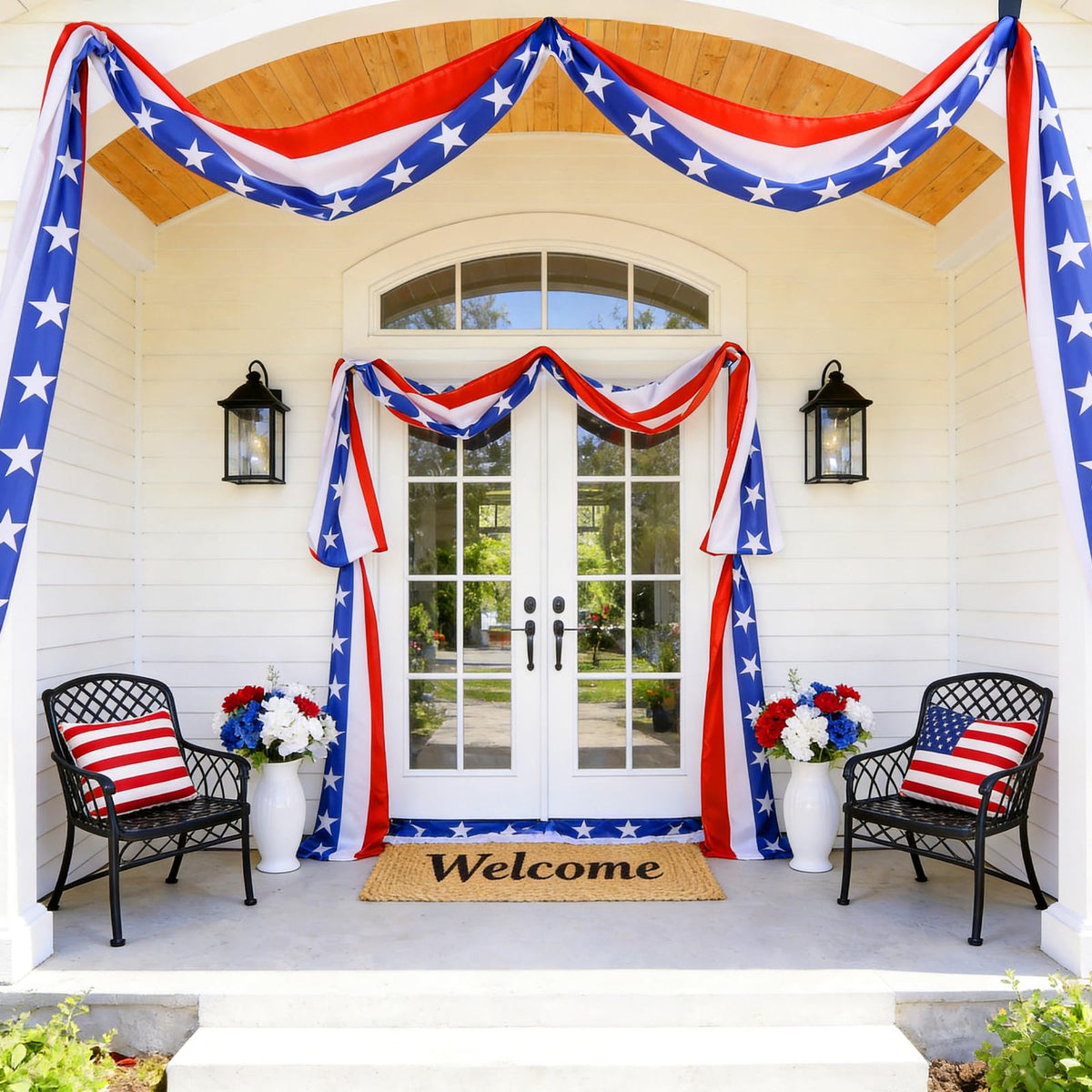 Mythcloud patriotic bunting with stars and stripes adds bold color to outdoor decorations.