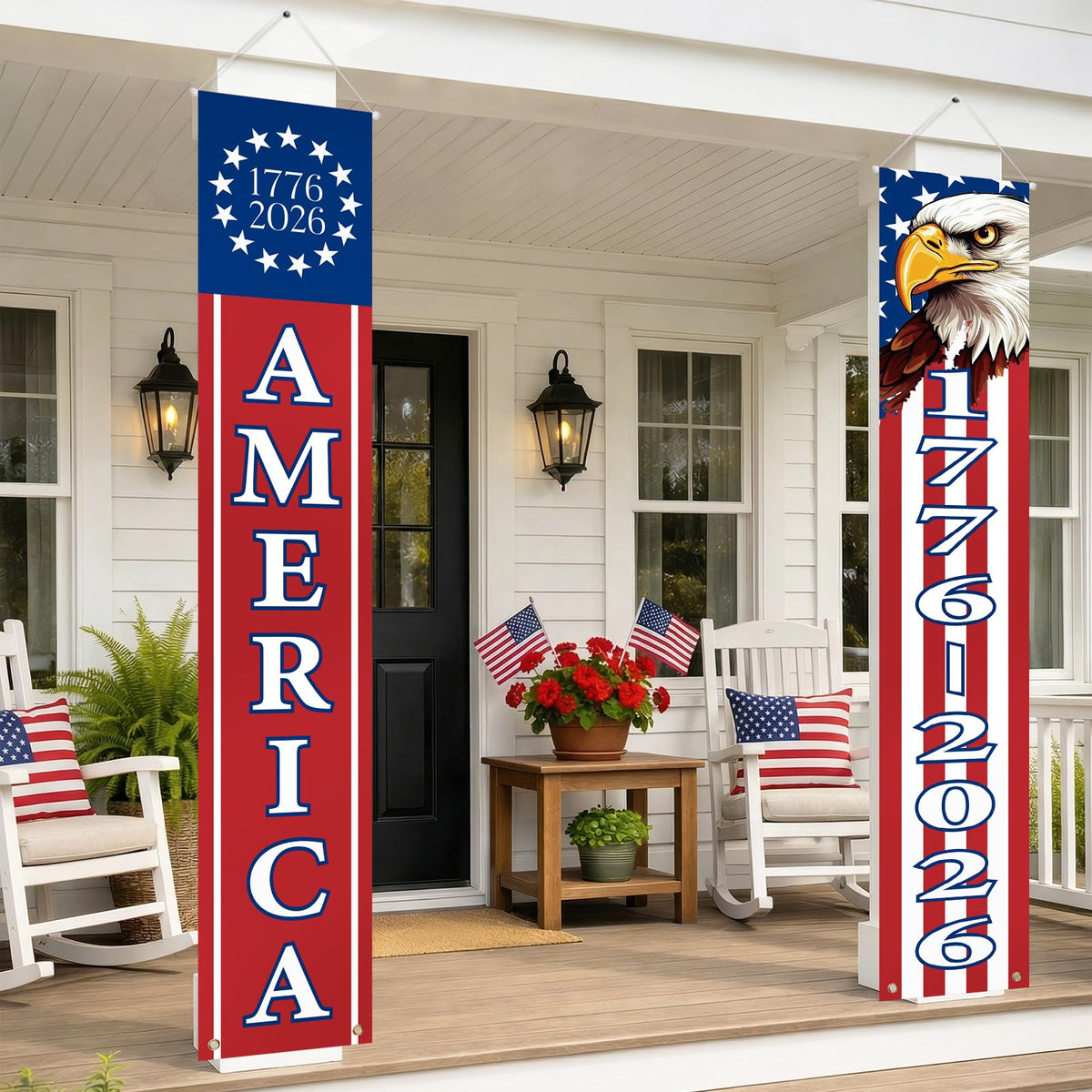 Mythcloud porch banner featuring stars and stripes for outdoor patriotic display.