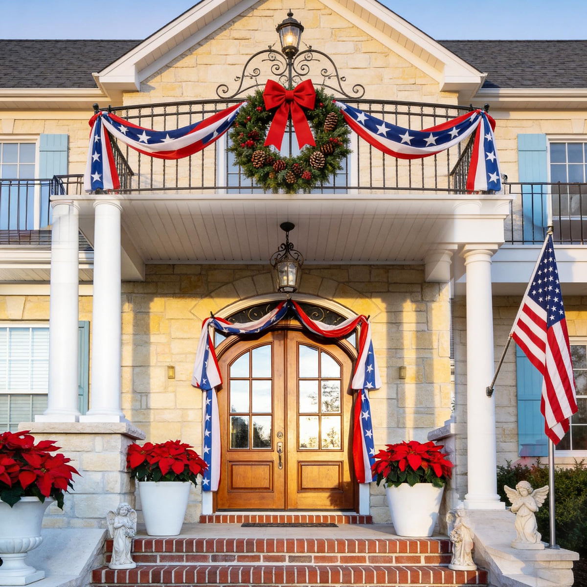 Mythcloud red white blue bunting creates classic patriotic ambiance for celebrations.