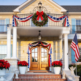 Mythcloud red white blue bunting creates classic patriotic ambiance for celebrations.