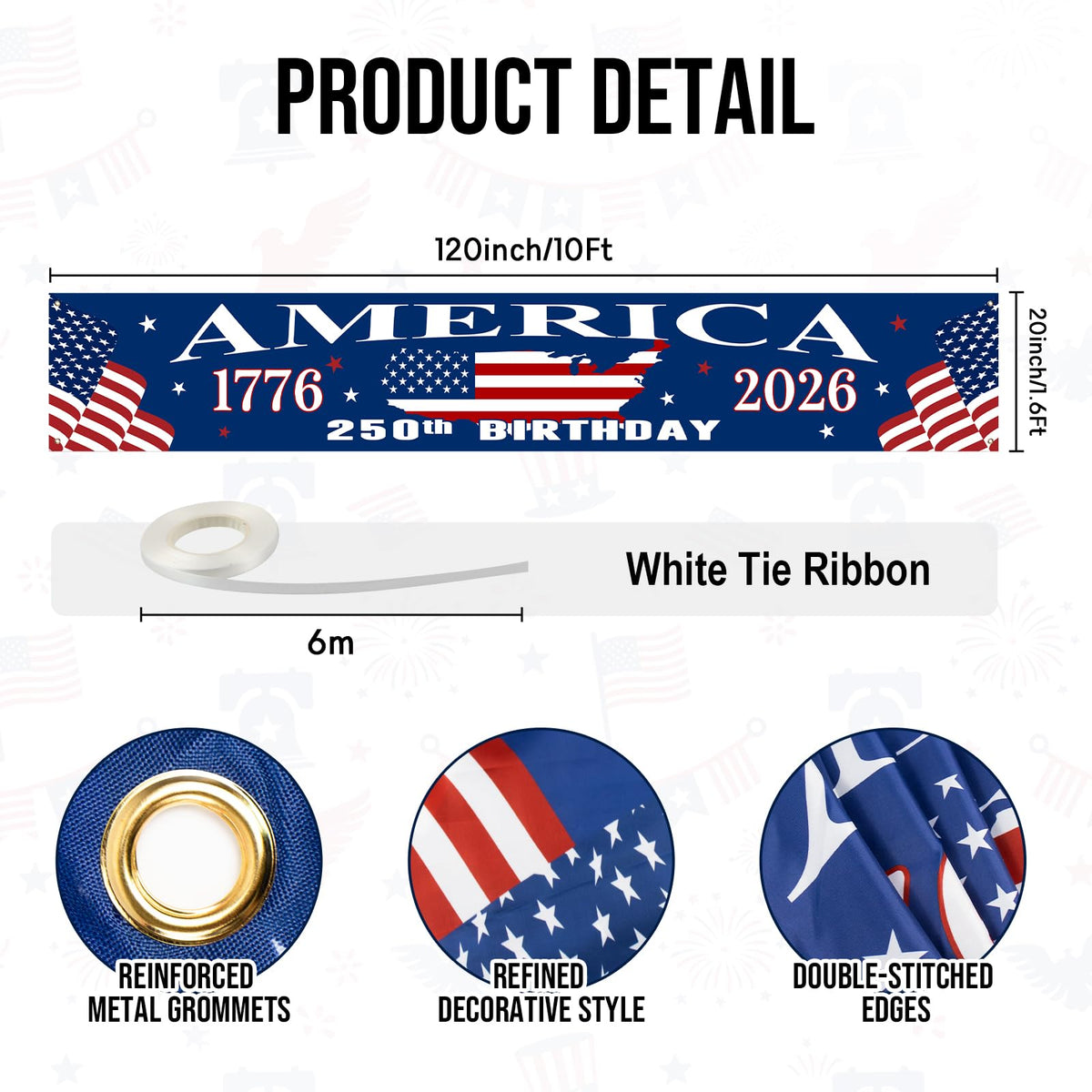 Mythcloud stars-and-stripes banner close-up highlights patriotic detail for festive decor.