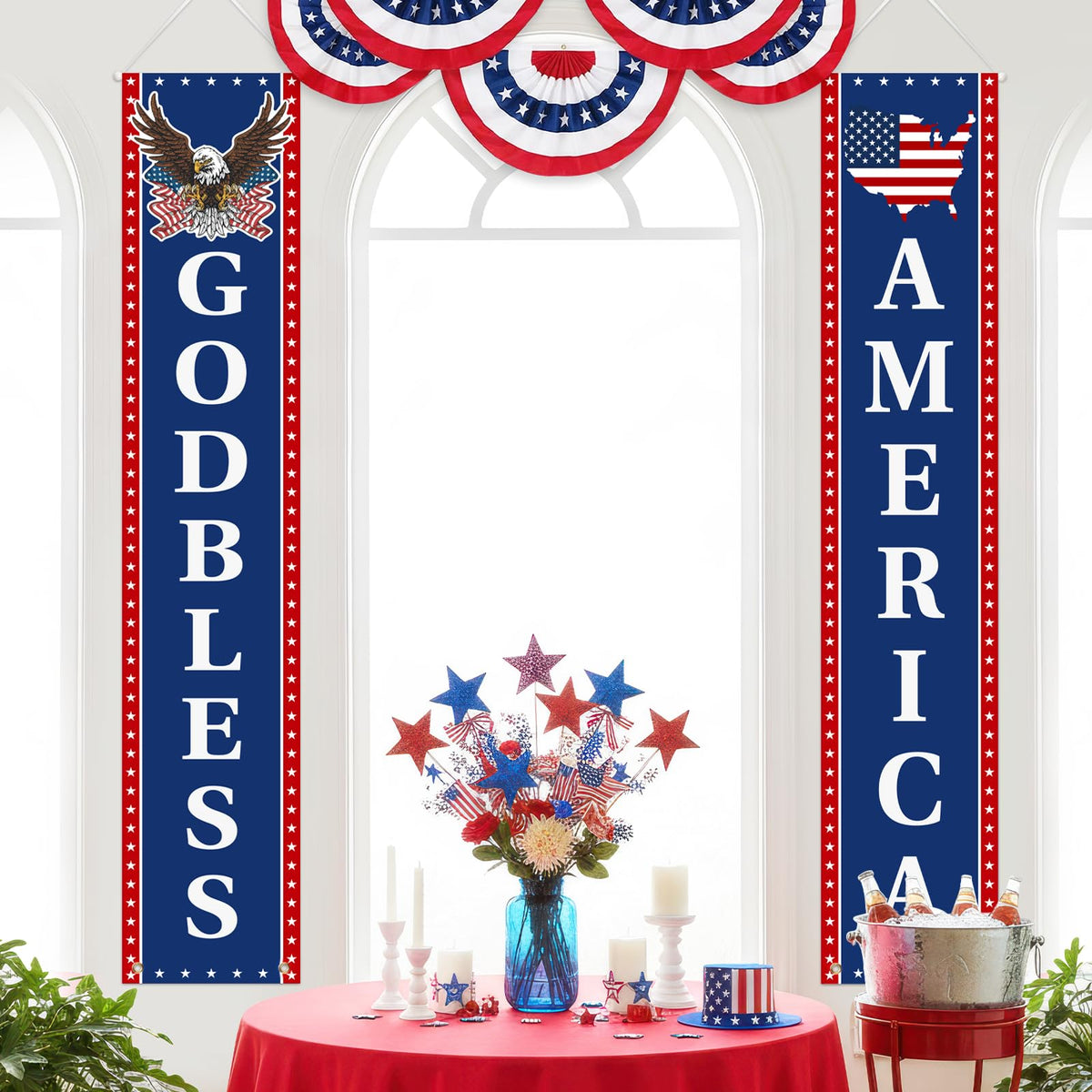 Mythcloud two-pack banners create a balanced porch display for Independence Day.