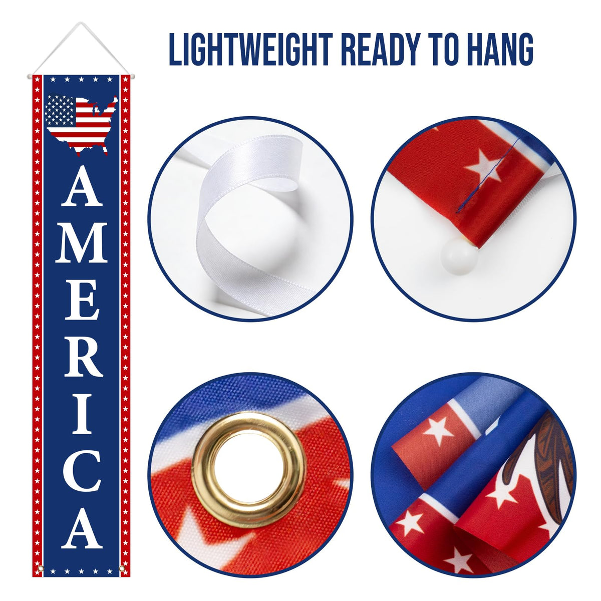 Mythcloud vertical patriotic banner for indoor or outdoor entryways with sturdy grommets.