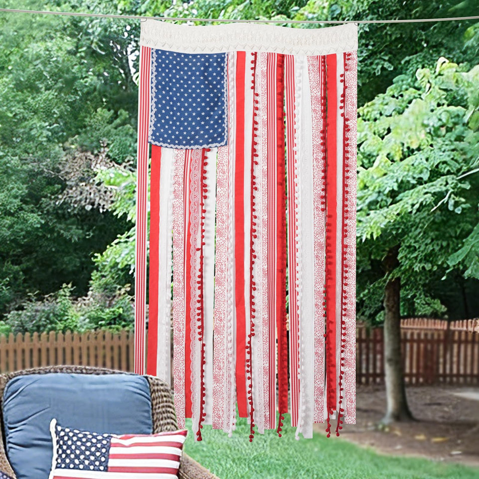 Mythcloud vintage American flag rag banner front view for rustic home decor.