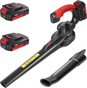 MZK cordless leaf blower front view, compact and easy-to-maneuver design for yard cleanup.