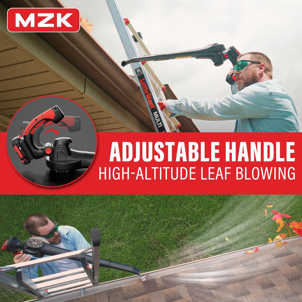 MZK cordless leaf blower high-velocity motor enables quick debris clearance.