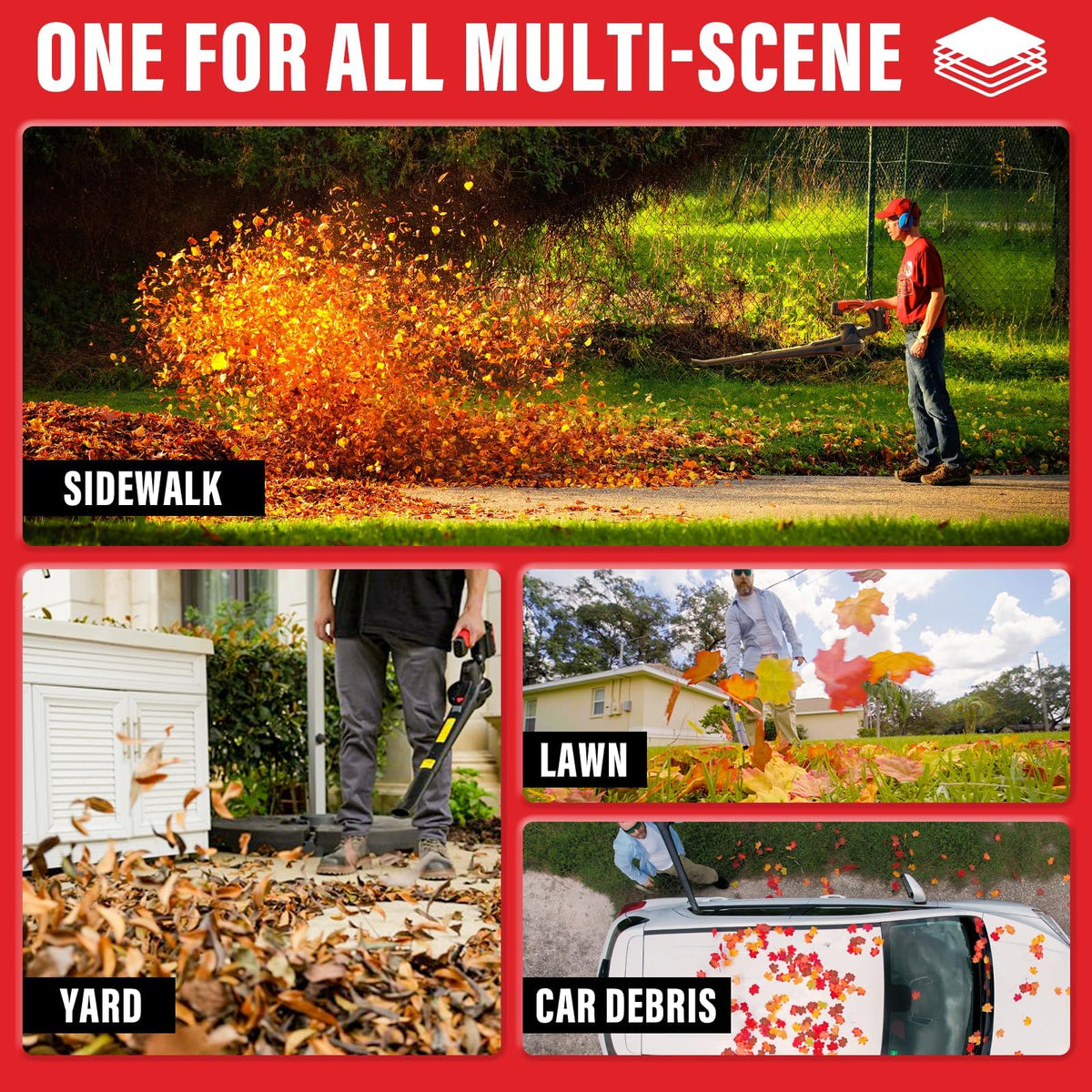 MZK cordless leaf blower in-use yard scene demonstrates efficiency.