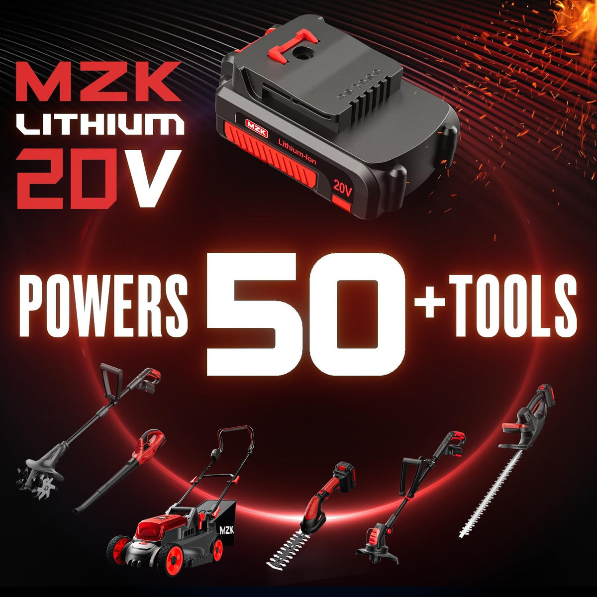 MZK cordless leaf blower packaging includes two 2Ah batteries and charger.