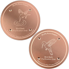Mzesssmy birdbath copper disk 2-pack in packaging showing clear water benefit