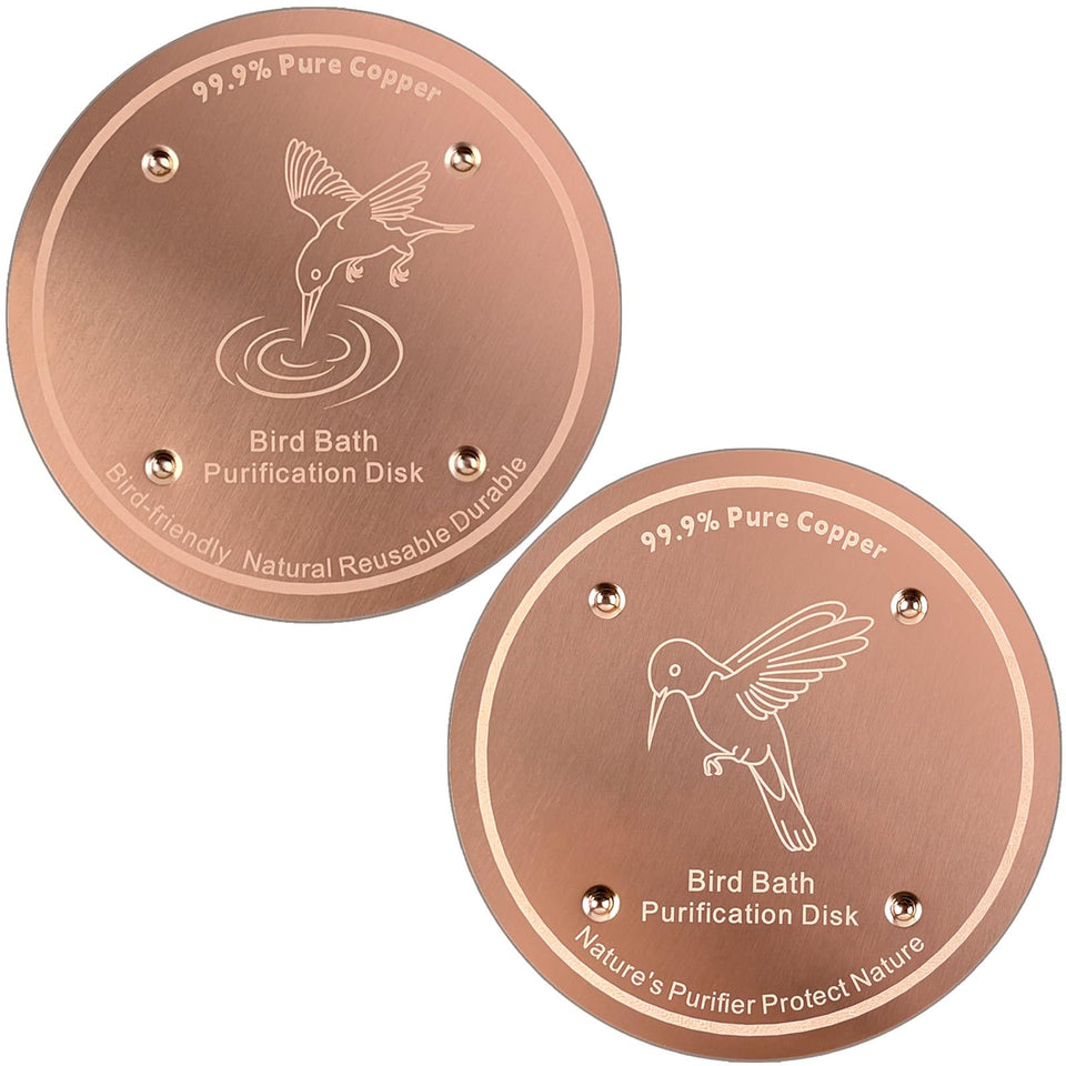 Mzesssmy birdbath copper disk 2-pack in packaging showing clear water benefit