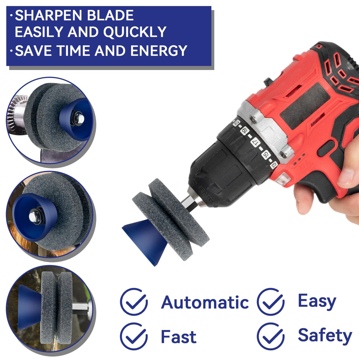 Mzmaxy sharpener mounted on a drill during quick installation.