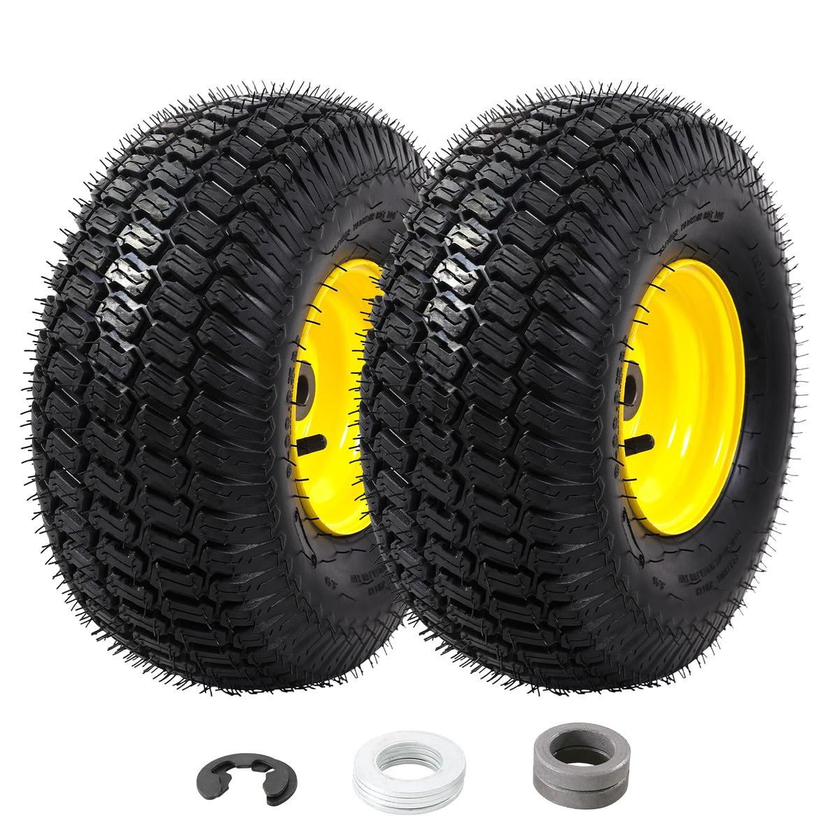 MZREXN 15x6 front tire close-up showing tubeless design for quick maintenance on John Deere mowers