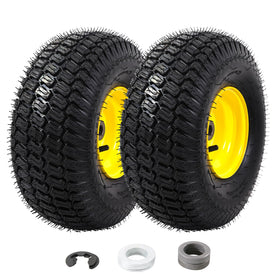 MZREXN 15x6 front tire close-up showing tubeless design for quick maintenance on John Deere mowers
