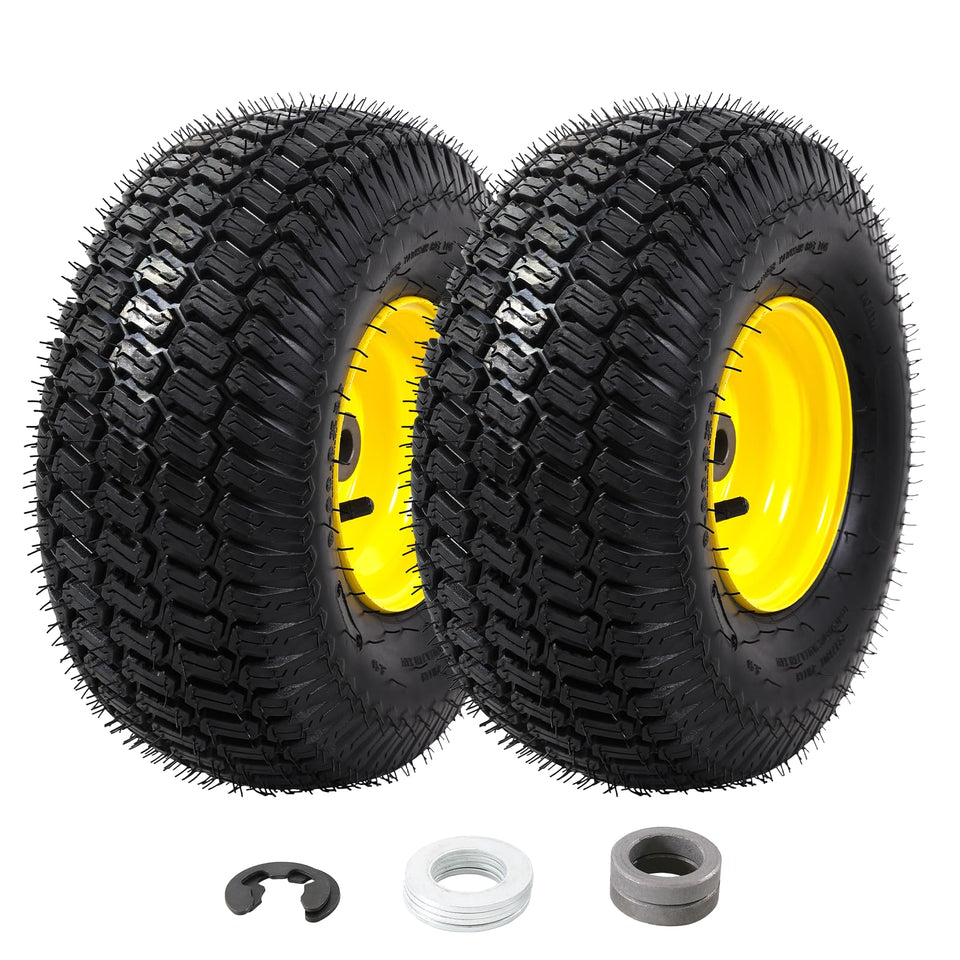 MZREXN 15x6 front tire close-up showing tubeless design for quick maintenance on John Deere mowers